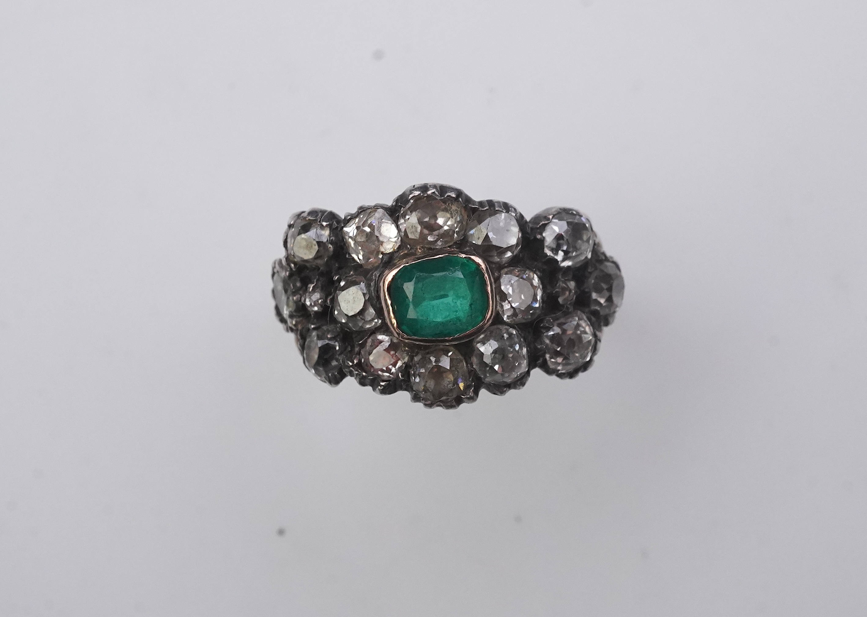 A Georgian diamond and simulant emerald ring, circa 1800